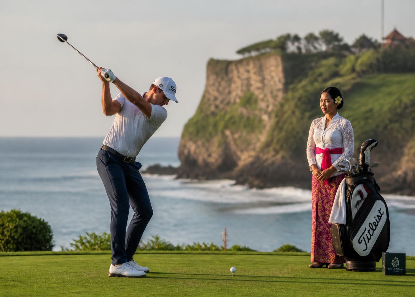 Golfer melakukan tee shot ditemani caddy dengan latar tebing dan laut
