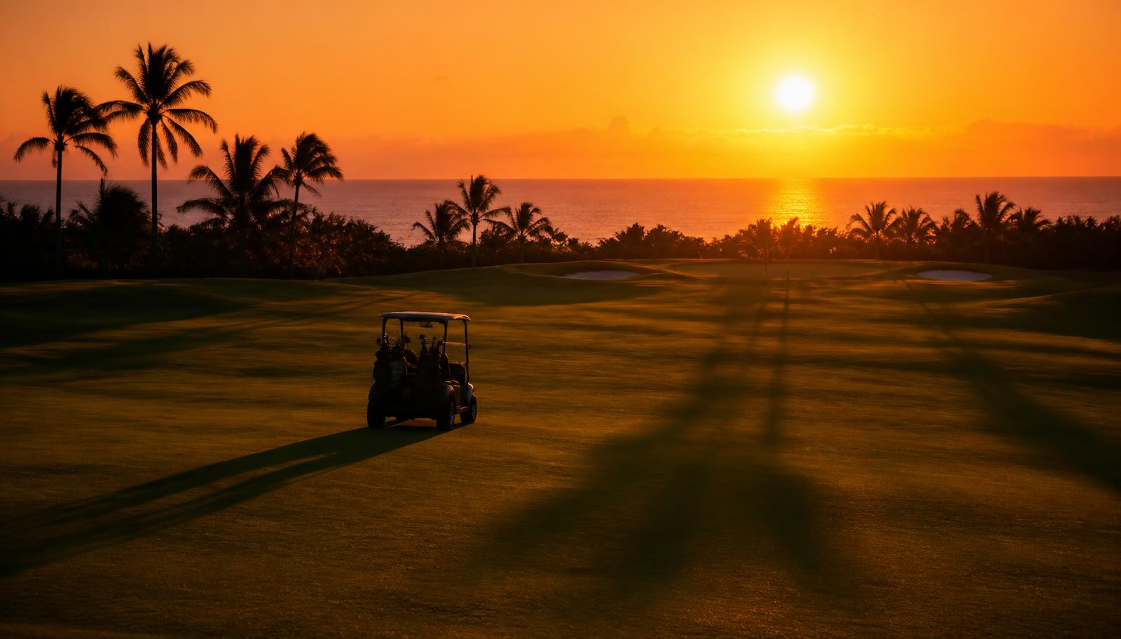 Fairway golf saat matahari terbenam dengan siluet golf cart